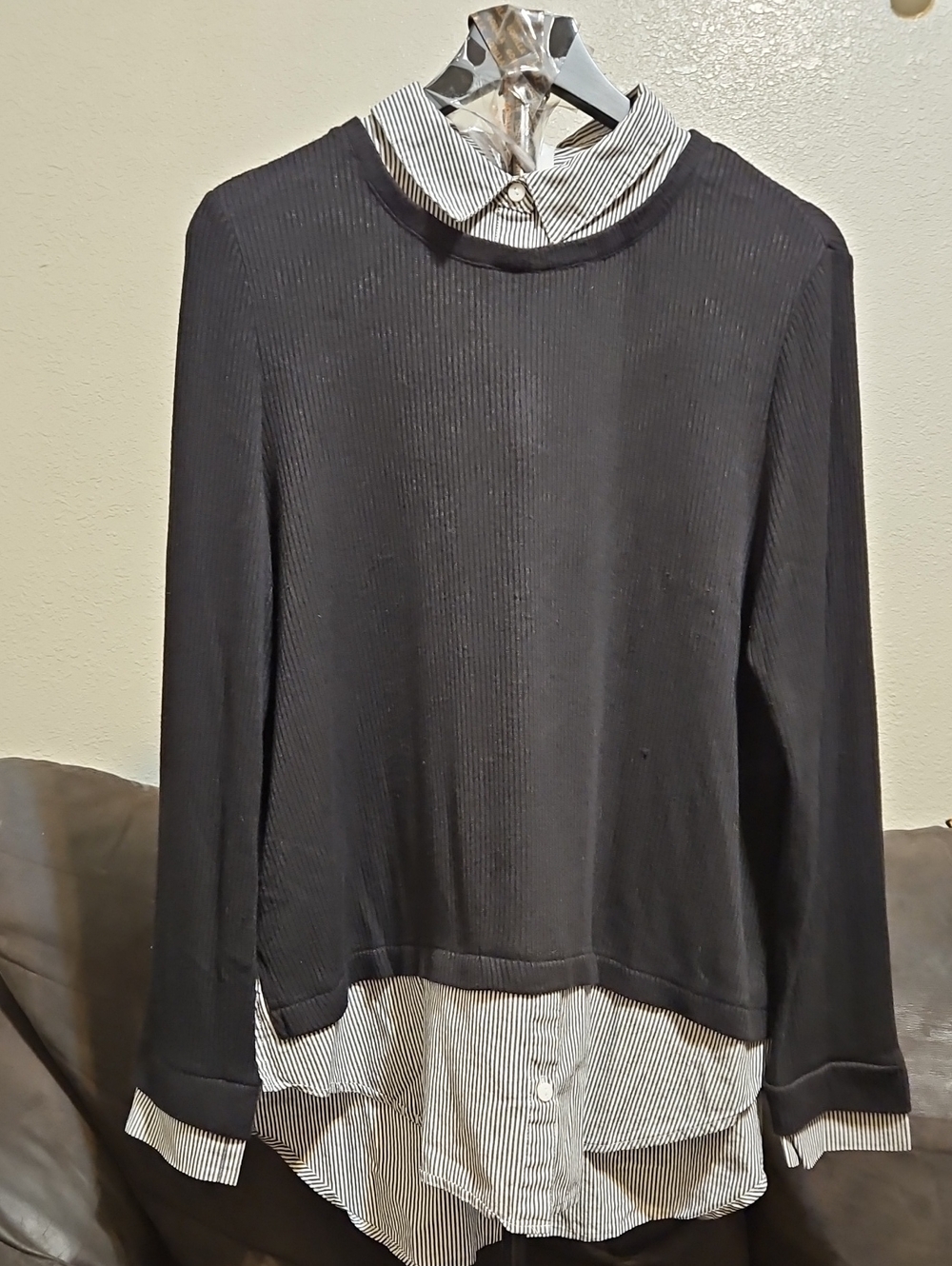 Sharagano Black Pullover with Attached Black-and-White Striped Shirt